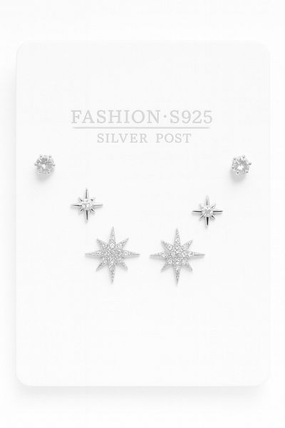 MakeWell Gold and Silver Plated Triple Earring Set with Tarnish Free 925S Silver Needle Pole Star Design