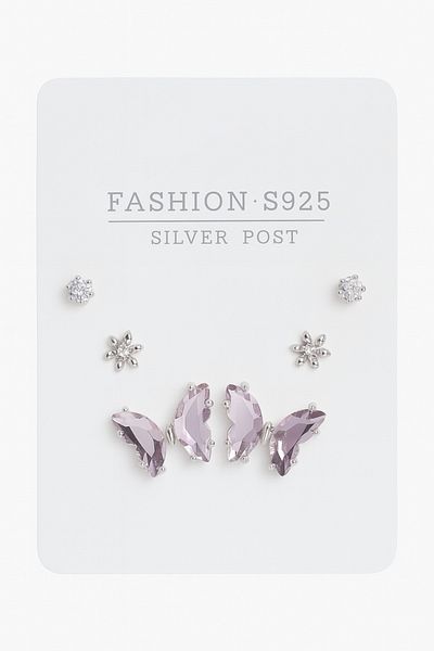 MakeWell 3-Piece Earring Set with Non-Tarnish 925S Silver Needle Butterfly Design Gold and Silver Plated Solitaire Earrings