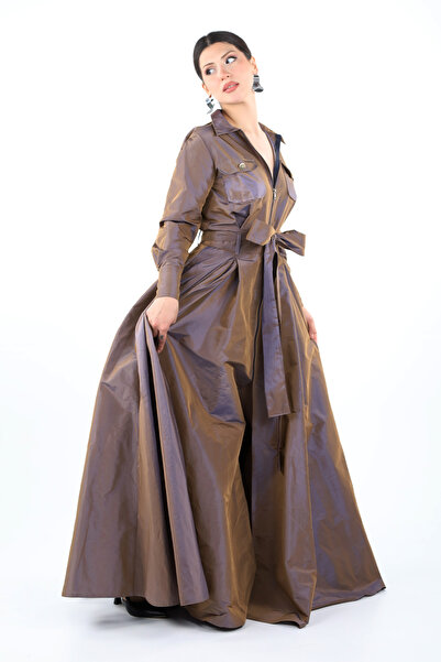 UNTIMELY Lila&Kahve Yansımalı & Önden Fermuarlı, Utility Detaylı Maxi Tafta Elbise