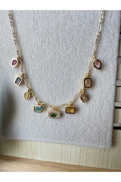 JEWELRY Özel Seri Altın Renkli 9 Renkli Taşlı Tasarım Marka Model Rodyum Kaplama VIP Kolye