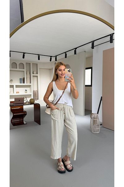 Sezgi Tekin Natural Waist Elastic Linen Bohemian Trousers