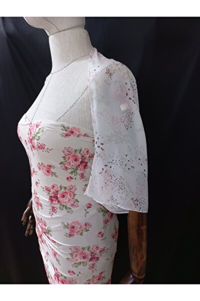 es moda shop Ariane Print Chiffon Short Sleeve Shawl Off White-Pink