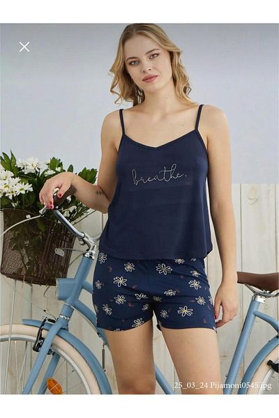 Pijamoni This Is the Season's Dark Blue Thread Thin Strap Modal Fabric Pajama Set