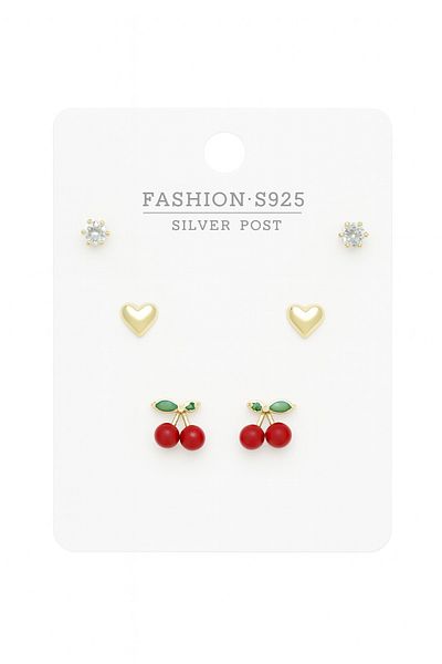 MakeWell 3-Piece Earring Set with Non-Tarnish 925S Silver Needle Cherry Design Gold and Silver Plated Solitaire Earrings