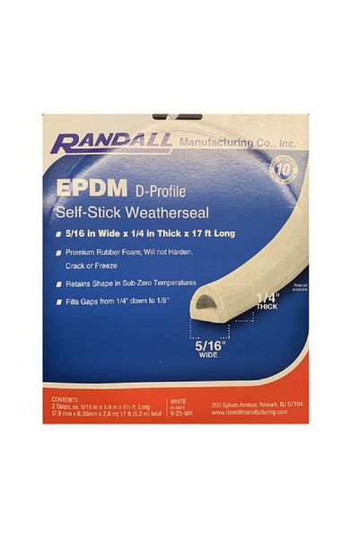 RANDALL EPDM D-Profile Self-Stick Rubber Foam Weatherseal White