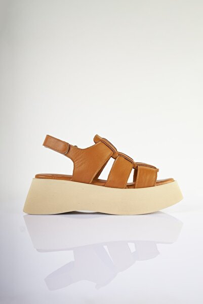 SU SHOE BOUTIQUE NO40 Taba Hakiki Deri Dolgu Topuklu Gladyatör Sandalet