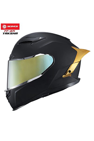 Scoyco FF-871 YAKSHA MAT SİYAH-GOLD GÜNEŞ VİZÖRLÜ KAPALI KASK (GOLD CAMLI)