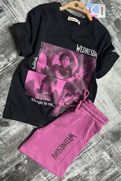 Riccotarz Tricou din bumbac pieptănat pentru fetiță, cu imprimeu de miercuri și set de pantaloni scurți violet