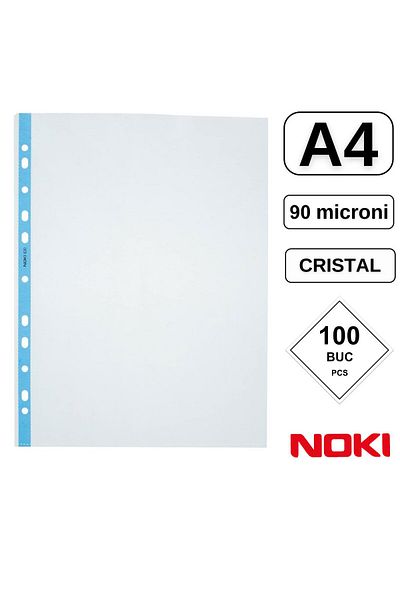 Noki Set of 100 A4 protective films with top opening, 90 microns, Noki Blue Edge, crystal, perforated