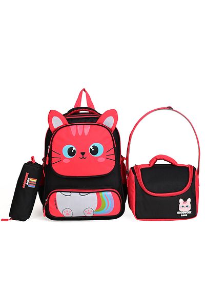 Wander Set de 3 genți de școală – rucsac, cutie de prânz și suport pentru stilou - negru-roșu