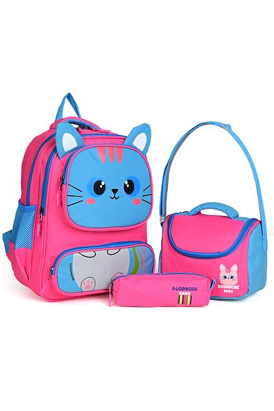 Wander Set de 3 genți de școală – rucsac, cutie de prânz și suport pentru stilou - roz-albastru
