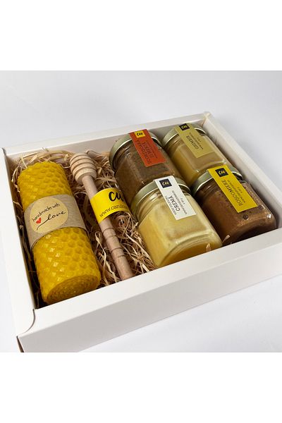 CARUL CU MIERE Natura 2 gift package, bee honey, handmade candle, honey spoon, white