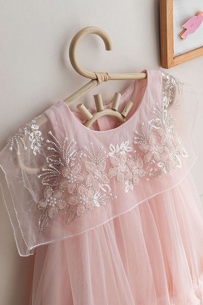 chipiques Pearl Embroidered Square Powder Tulle Collar Children's Dress