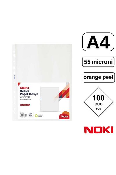 Noki Set of 100 A4 XL protective films with top opening, 55 microns, Noki 4830XL, orange peel, perforated