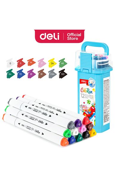 Deli EC187-12 Sketch Marker Set Dual Tips, ASST. Colors – ideal for drawing & coloring
