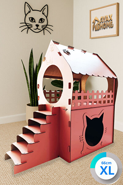 Genel Markalar XL Kedi Evi – Pembe, Merdivenli, İki Katlı MDF, 66×68×38 cm
