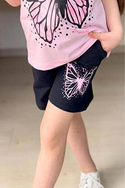 Riccotarz Girl's Black Pencil Butterfly Printed Combed Cotton Pink T-Shirt Shorts Set