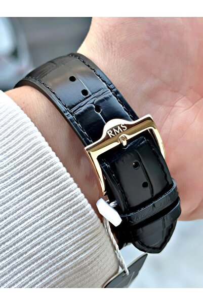 Romanson Fonksiyonlu Deri Kordon Siyah-Altın Renk Safir Cam Çelik Kasa Erkek Kol Saati 1134.05MR