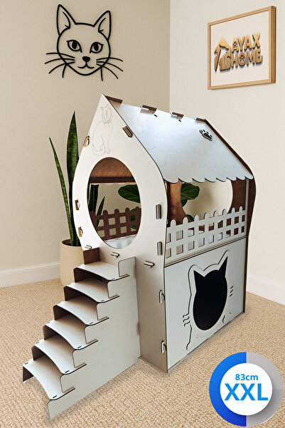 Genel Markalar XXL Kedi Evi – Beyaz, Merdivenli, İki Katlı MDF, 83×81×40 cm