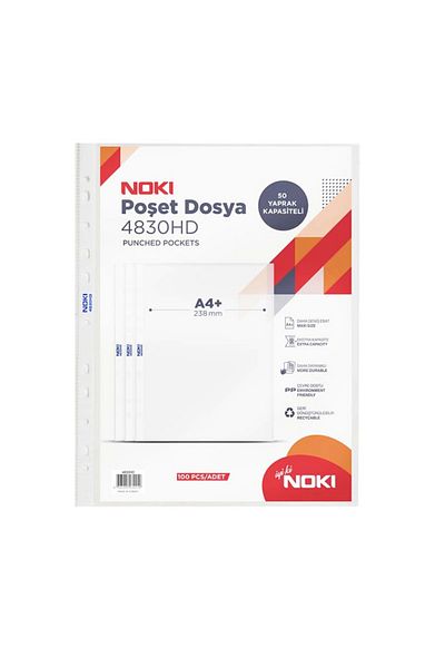 Noki Set of 100 A4 protective films with top opening, 55 microns, Noki White Edge, crystal, ext capacity