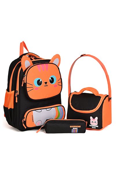 Wander Set de 3 genți de școală – rucsac, cutie de prânz și suport pentru stilou - negru-portocaliu