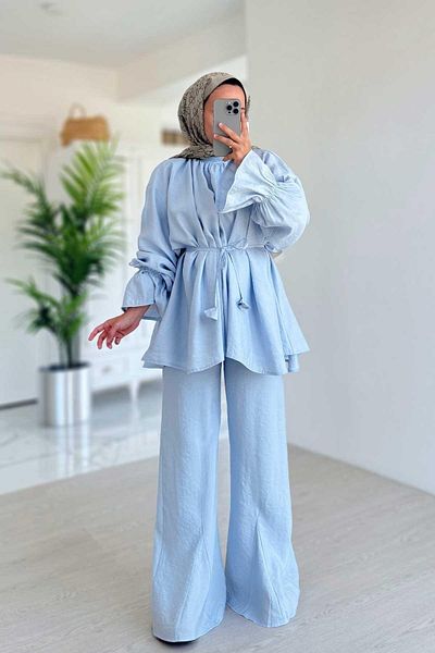 Ka Hijab Waist Tie Comfortable Fit Suit - Blue