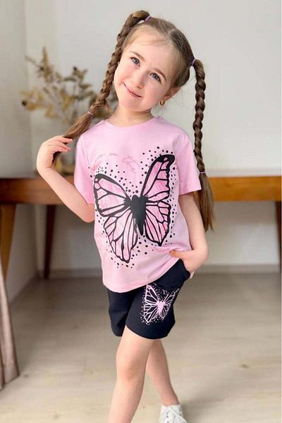 Riccotarz Set de tricou roz din bumbac pieptănat cu imprimeu fluture pentru fete