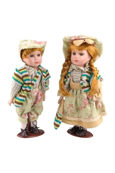 BV Set de 2 păpuși cu față și mâini din ceramică, Verde, 31 cm, 1757H-1