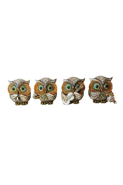 BV Decorative statuette, Set of 4 owls with musical instruments, Brown, 10 cm, GA2818