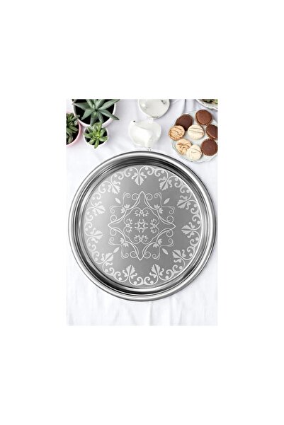 abnturk Servis Tepsisi - Çelik Çay Tepsisi Şık Desenli Tepsi 36 Cm