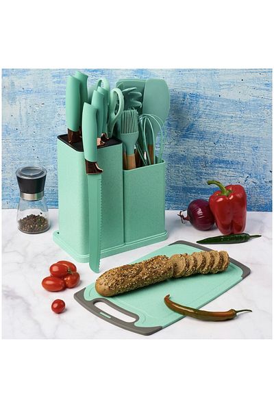 OEM Set of 19 silicone kitchen utensils with wooden handle, stand and chopper Turquoise