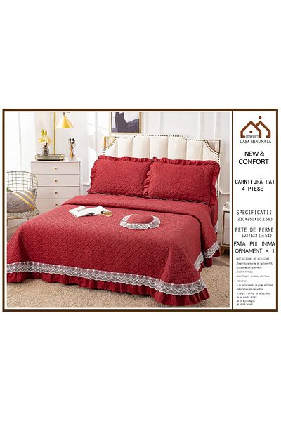 FIONNA.RO Finet 4-Piece Quilt With Ruffles - Bordeaux