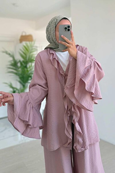 Ka Hijab Fırfır Detaylı Volan Kollu Takım - Pembe