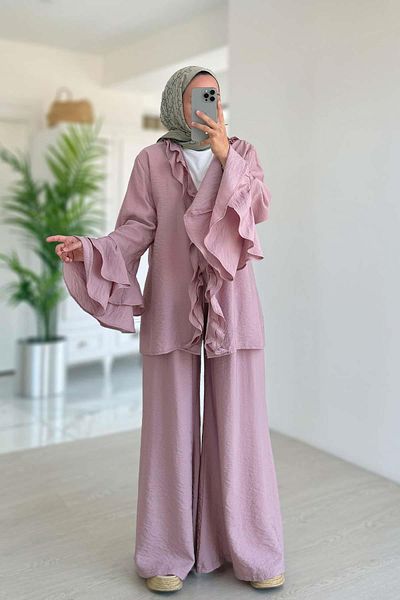 Ka Hijab Σετ μανίκι βολάν με λεπτομέρεια βολάν - ροζ