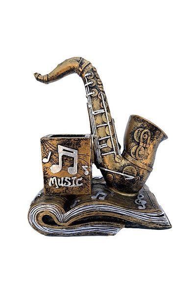 BV Statuette, in the shape of a saxophone with musical notes and pen holder, 18 cm, 1562G-1