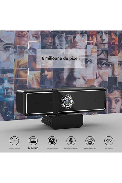 TEQRO Camera Web 4K, Autofocus, Antishake, 360°, USB, Microfon, Plug & Play, Gaming, Conferințe, Streaming