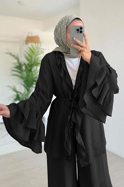 Ka Hijab Ruffle Detailed Flywheel Sleeve Suit - Black
