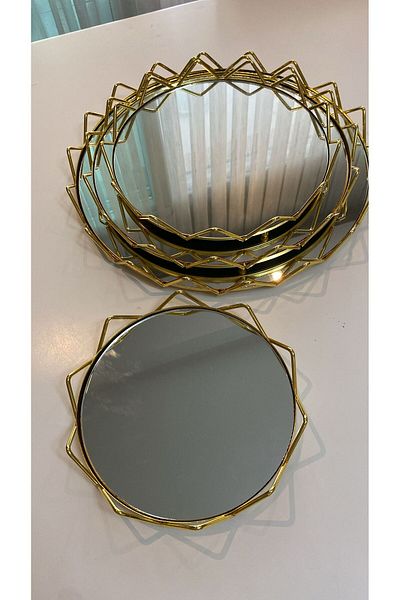 LONDON Birds Store Stylish 4-Piece Tray Set with Mirror and Triangle Gold Detail