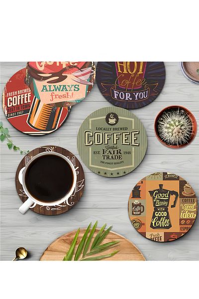 kutuTR ☕   Retro Coffee Enjoyment – طقم من 6 قطع من أكواب MDF BRD-025