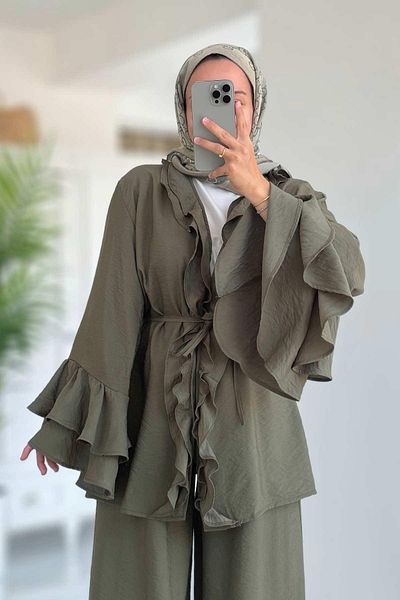 Ka Hijab Ruffle Detailed Flywheel Sleeve Suit - Khaki