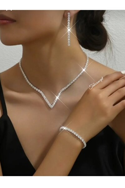 TakıConcept Kristal Taşlı Set Kolye Küpe Bileklik V Tasarım Gelinlik Seti Abi...