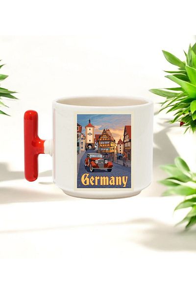 BB TRADE Germany Designed Red t Handle Ceramic Printed Mug Cup 250 ml