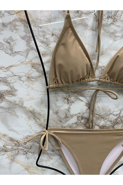 XORVİO Γυναικείο σετ μπικίνι Lycra Stretchy Side and Neck Tie Stylish Drawstring Triangle Sand Beige