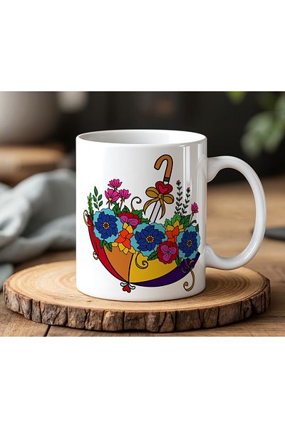 BB TRADE White Ceramic Printed Mug with Colorful Umbrella Design 330ml