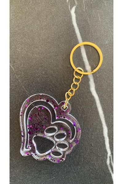 MISS GOLDEN Double Heart Paw Shaped Purple Glitter Decorated Gold Accessory Epoxy Keychain Handmade Gift