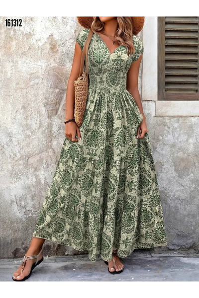 Modayakamoz Kadın Yazlık Süprem Elbise Beli Lastikli Kruvaze Yaka Uzun Boy