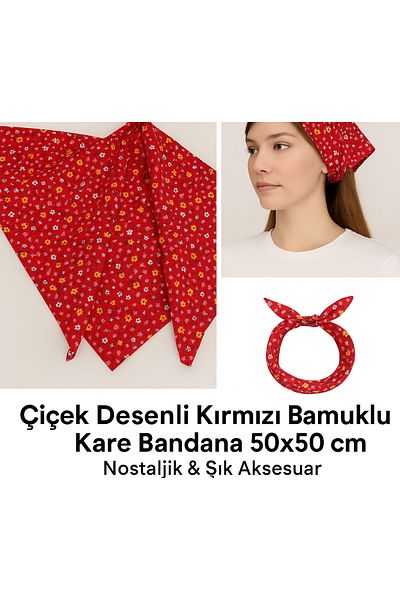 Mufincollection Flower Patterned Red Cotton Square Bandana 50X50 cm – Nostalgic & Stylish Accessory