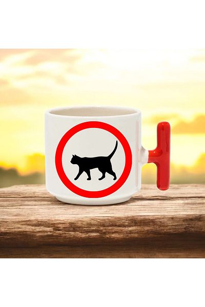 BB TRADE Ceramic Printed Mug with Red t Handle with Cats Can'T Enter Design 250 ml