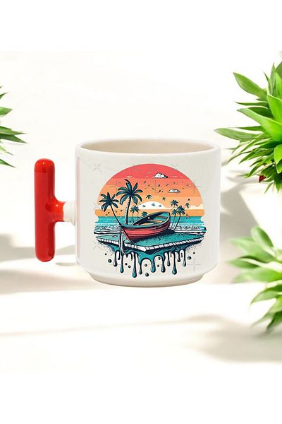 BB TRADE Red T-Handle Ceramic Printed Mug with Seaside Design 250 ml