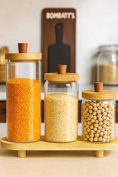 Pembishayatlar Vacuum 3-Piece Storage Container with Bamboo Stand on the Counter